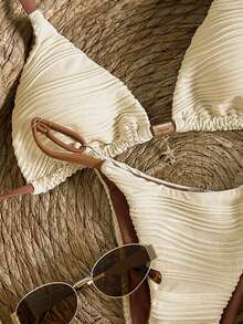 Swim Mod 2026春夏吊带纯色甜美可爱碎花装饰侧高衩两件式比基尼套装 - 杏色 - 查看 4