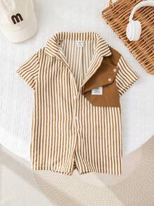 SHEIN Newborn Baby Boy Brown And White Polka Dot,Summer,Casual,Cute,Family Matching Color Block Lapel Romper,Collegiate Style Birthday Party Wedding Outfit - Multicolor - View 7
