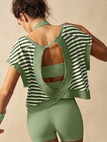 VARSITIE Workout Women Tops Women Striped Fashion Sports T-Shirt & Tank Top, Suitable For Summer - Olive Green - View 7