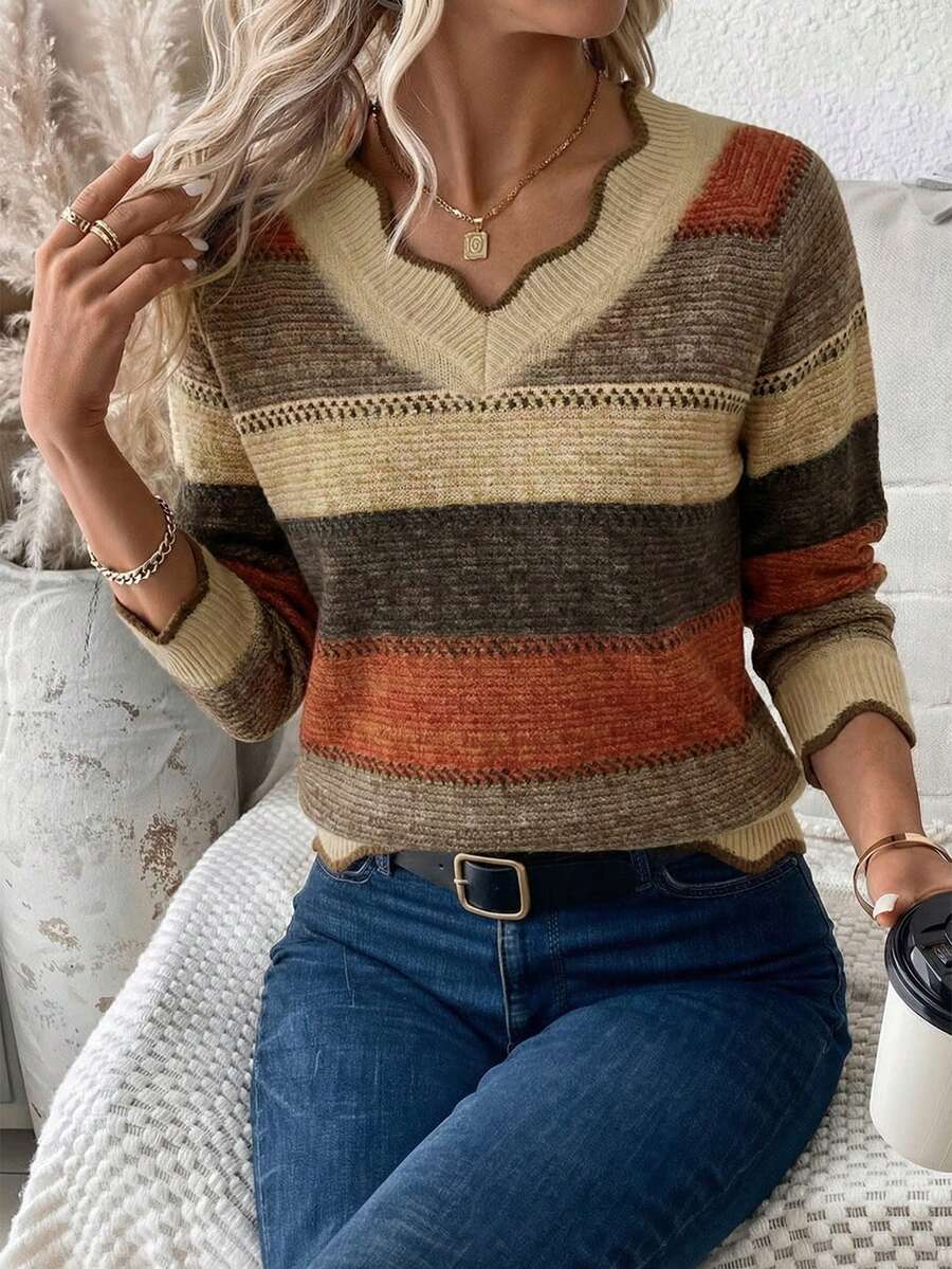 EMERY ROSE Women's Casual Elegant V-Neck Sweater, Brown Earth Tone Contrast Stripe Pattern, Vintage, Academic, Classic, Suitable For Early Spring, Autumn, Winter, Work, Walking, Park, Mom Gift - Multicolor - View 1