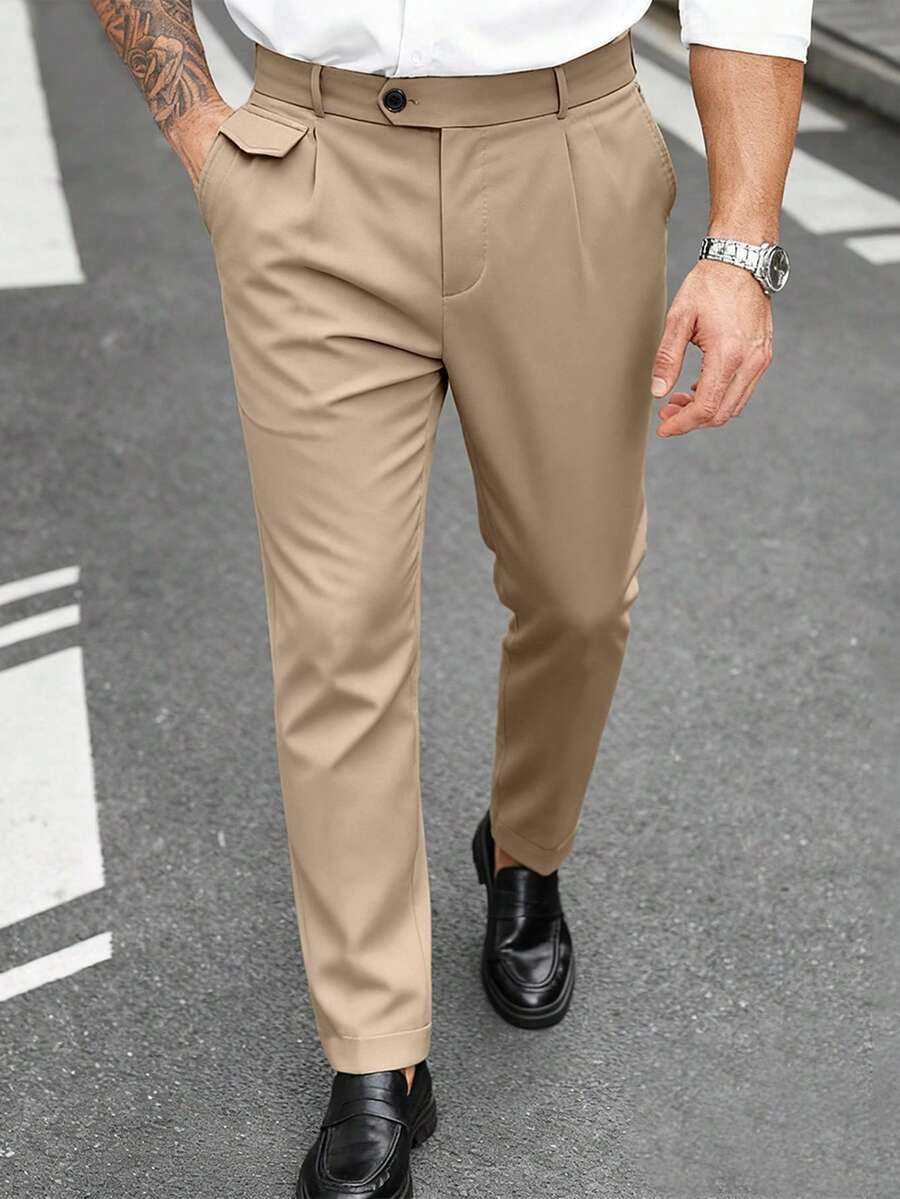 Manfinity Mode Plus Size Men's Solid Color Pleated Pocket Straight Leg Formal Pants, Suitable For Commuting - Khaki - View 1
