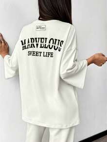 Mulvari 2件組女款夏季字母印花寬鬆T恤與長褲休閒套裝 2件套運動休閒服 女款慢跑褲套裝 - 白色 - 查看 5