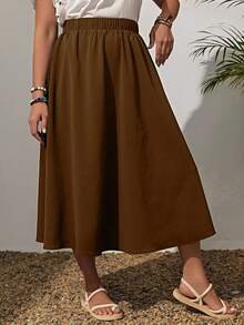 SHEIN PETITE CURVE Plusstorlek Enfärgad Elastisk Midja Swing Lös Sommarmode All-Match Kjol - Brun - Visa 4
