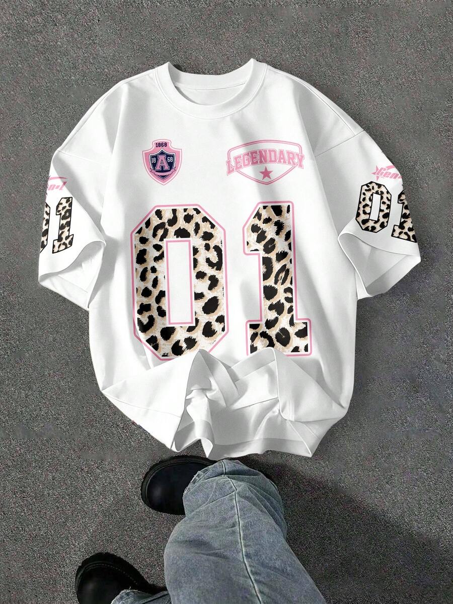 SHEIN EZwear 女士休闲豹纹印花及数字 01 图案宽松圆领短袖T恤 - 彩色 - 查看 1