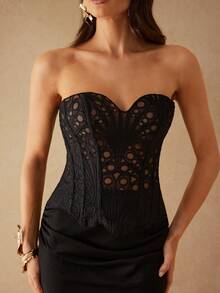 Silquee 夏季时尚性感镂空刺绣吊带背心 - 黑色 - 查看 5