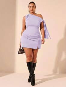 SHEIN BAE 大码女式黑色不对称肩部衬衫，适合通勤、约会、下午茶、情人节、夏季、生日等场合，性感大码上衣，凸显曲线，适合正式场合、派对等，飘逸宽松。 - 淡紫色 - 查看 6