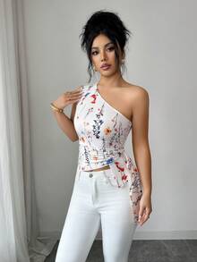 SHEIN Elenzya Áo kiểu dệt kim buộc dây họa tiết hoa nhí, vạt lệch, dành cho nữ. - Nhiều màu - Xem 8
