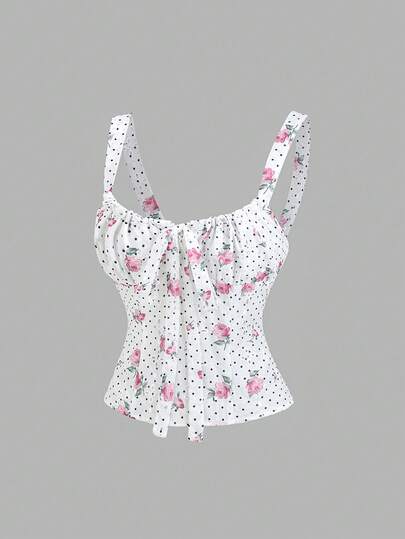 Sweetra Women's New Year, Halloween, Christmas, Thanksgiving, Spring, Summer, Autumn, Winter, Suitable For Party, Commute, Daily, Travel, Vacation. Women's Casual Wear: White Shirt, Polka Dot Blouse, White Top, White Polka Dot Rose Print Embroidered Hollow Out Fabric Top, New Year White, Summer Top, Women's Casual, Ruffle Collar Bow Tie Fitted A-Line Sweet Vacation Casual Special Fabric Cami Top