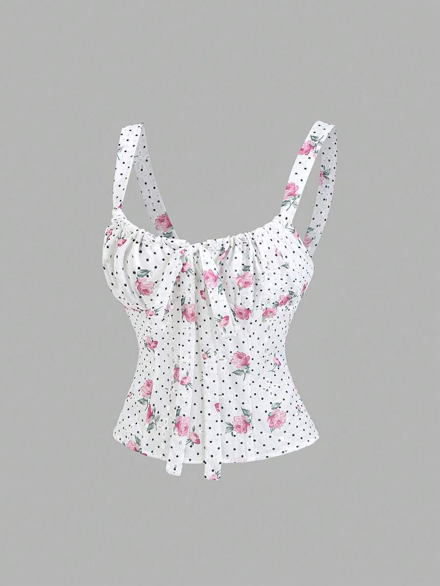 Sweetra Women's New Year, Halloween, Christmas, Thanksgiving, Spring, Summer, Autumn, Winter, Suitable For Party, Commute, Daily, Travel, Vacation. Women's Casual Wear: White Shirt, Polka Dot Blouse, White Top, White Polka Dot Rose Print Embroidered Hollow Out Fabric Top, New Year White, Summer Top, Women's Casual, Ruffle Collar Bow Tie Fitted A-Line Sweet Vacation Casual Special Fabric Cami Top - Multicolor - View 1
