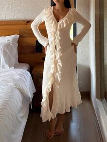 DAZY Vacation Style Textured Hollow-Out Fabric Ruffled Hem Women Sleepwear Robe - White - View 11