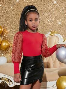 SHEIN Tween Girls' Fashion Party Knit Contrast Mesh Long Sleeve Top