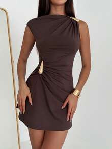 Aloruh 女士金属装饰褶皱下摆迷你连衣裙 - 棕色 - 查看 6