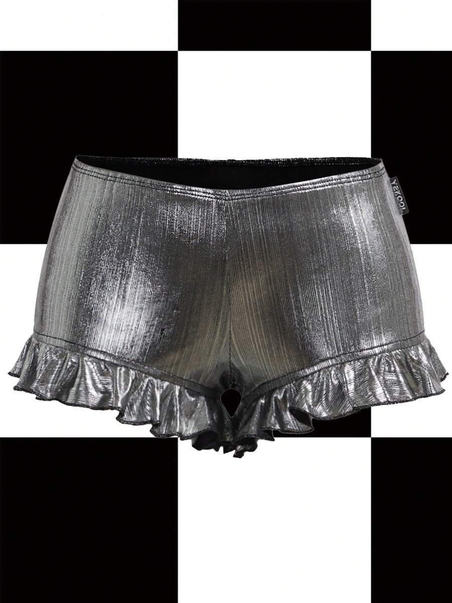 Y2Kool Y2K金属涂层荷叶边低腰紧身短裤，女士休闲街头风，适合春夏派对、度假、日常穿着 - 銀色 - 查看 1