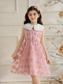 Glamorique Kids 女童甜美公主风粉色无袖连衣裙，饰有3D玫瑰刺绣，春夏款，多层领设计，适合生日派对和日常穿着。 - 粉色 - 查看 4
