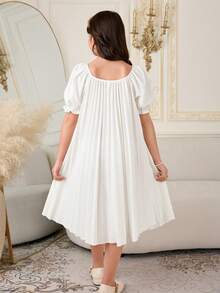 Young Girls' Dreamy Soft Princess Style Dress, Made Of Lightweight Soft Fabric With Short Sleeves, A-Line Silhouette For Easy Movement, Flowing And White Dress, Suitable For Daily Wear, Parties And Leisure Activities, Lightweight For Spring/Summer - White - View 2