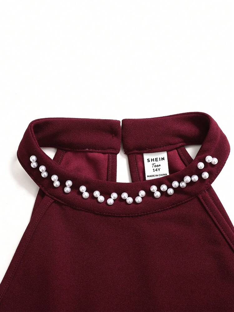 Vestido elegante de línea A sin mangas con decoración de perlas para adolescentes - Rojo - Añade 5
