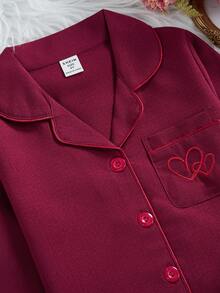 两件套女童休闲爱心刺绣长袖开衫和裤子套装，舒适宽松家居服 - 彩色 - 查看 6