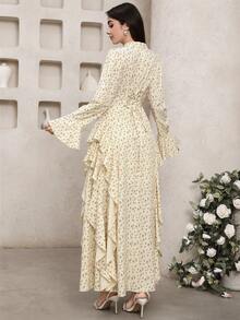 Modelyn Women's Floral Print Ruffle Trim Elegant Waist Cinched Party Dress - Apricot - View 6