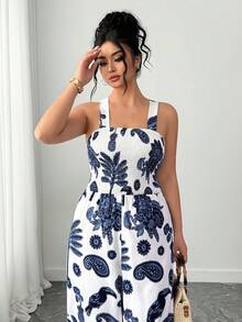Elenzga Bộ jumpsuit không tay in hoa dành cho nữ cỡ lớn, kiểu dáng thanh lịch, thích hợp cho kỳ nghỉ xuân hè. - Màu xanh lam - Xem 4
