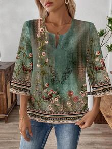 EMERY ROSE Plus Size Bohemian Floral Print Shirt, Suitable For Vacation Carnival - Multicolor - View 3