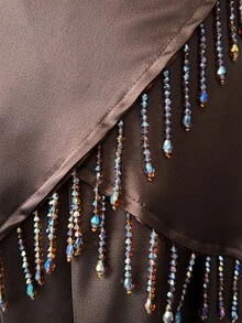 Rafferiza 女士优雅流苏交叉缎面A字裙+短袖上衣两件套 - 棕色 - 查看 10