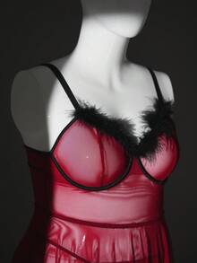 SHEIN 2件套加大码性感钢圈内衣连衣裙，情人节 - 酒紅色 - 查看 3