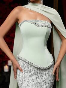 Glamrae 优雅奢华的钻石珍珠亮片花卉网纱拼接弹力针织美人鱼裙，配有垂坠雪纺荷叶边，适合婚礼、派对、舞会、度假、宴会等场合。 - 綠色 - 查看 3