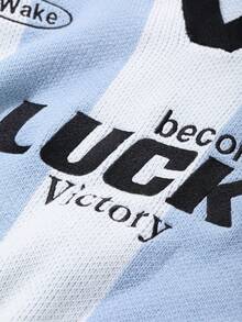 DAZY 女士撞色条纹字母提花套头衫、长袖上衣、秋装 - 藍色 - 查看 10