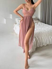 DAZY 透视蕾丝撞色网纱收腰高开衩露背吊带性感睡裙女士内衣 - 藕粉色 - 查看 5