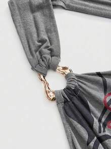 ROMWE Grunge Punk Spring/SummergraphicY2K Retro Sexy Deep Draped Neck Camisole For Women With Rhinestone Skull, Vine & Heart Prints - Grey - View 3