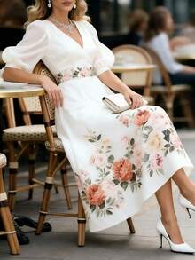 EMERY ROSE Women's V-Neck Puff Sleeve Elegant Floral Print Dress