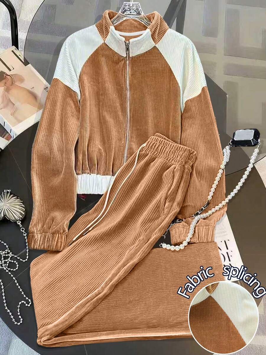 Franclia 宽松立领短款落肩长袖开衫 + 斜插口袋长裤 - 棕色 - 查看 1