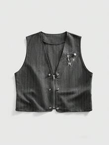 ROMWE MEN Goth Men's Striped Zip-Front Casual Versatile Commuter Vest - Black - View 1