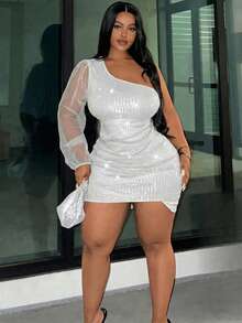 Slaydiva Plus Size Women Solid Color Sequin Contrast Mesh Lantern Sleeve Sexy Elegant Dress - White - View 4