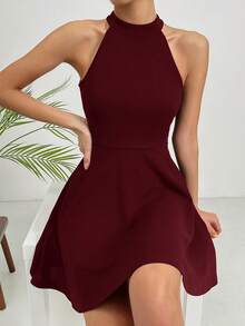 SHEIN Essnce Women's Solid Color Fashionable Halter Casual Short Dress ,Summer Dress,Elegant Dress - Dark Red - View 3