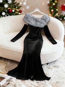 Franclia Women's Elegant Party Faux Fur Collar Fishtail Dress, Autumn/Winter - Black - View 5