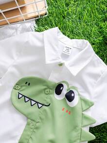 卡通恐龙印花 Polo 领短袖连体短裤，休闲百搭，适合男婴和女婴 - 綠色 - 查看 3