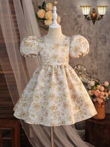 SHEIN Đầm thanh lịch tay phồng họa tiết hoa jacquard trang trí nơ cho bé gái - Rượu sâm banh - Xem 9