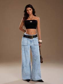 TRNVIE 时尚休闲口袋装饰低腰阔腿牛仔裤 - 中等水洗藍 - 查看 7