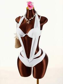 Amplova Women's Halter Neck One-Piece Swimsuit With Mesh Splice, Sexy Backless Design Vacation Outfit Vacation Outfits Women Holiday Outfits For Women - Apricot - View 8