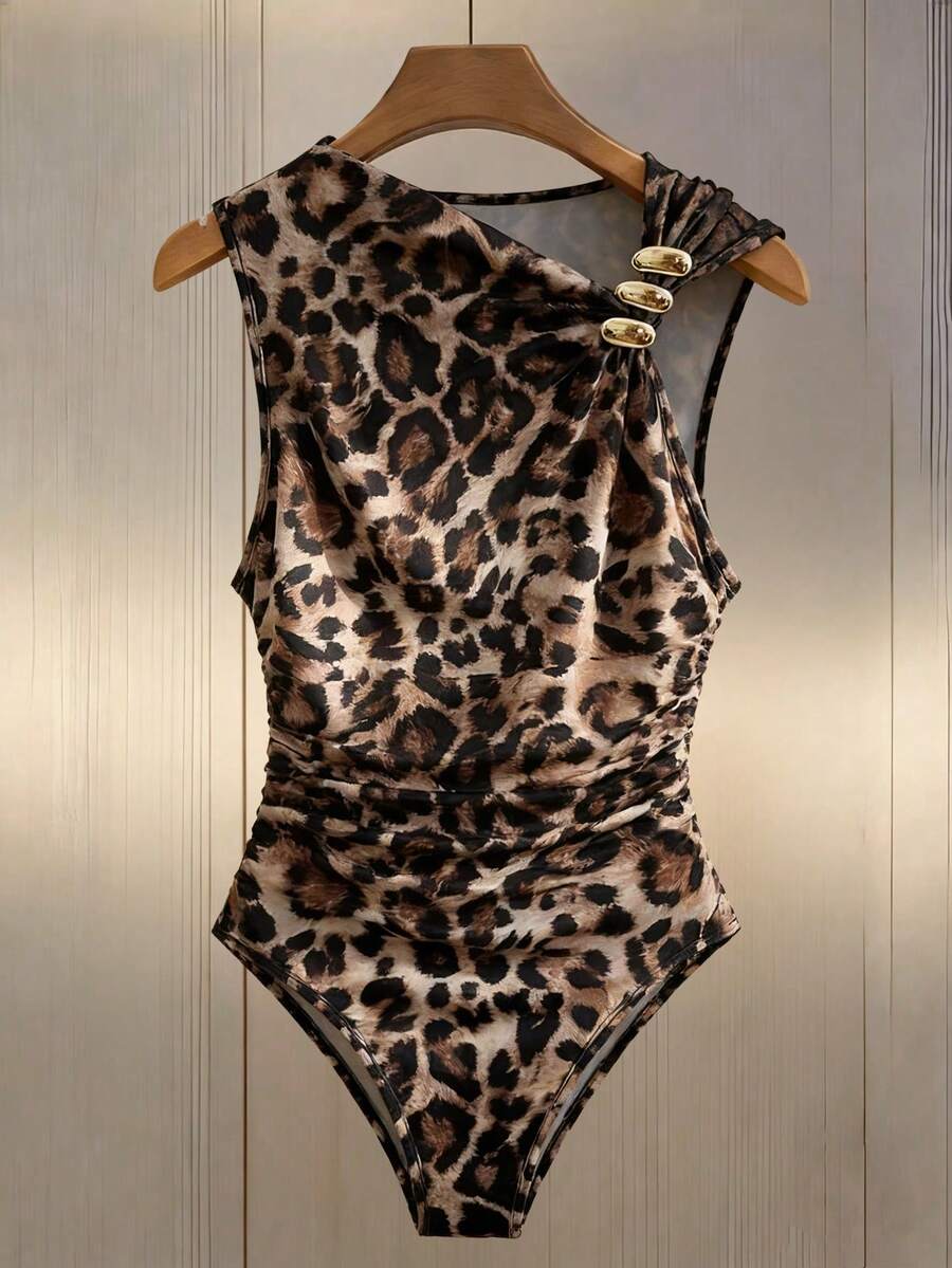 Franclia 不对称肩领，金属扣装饰，褶皱修身豹纹连体衣，女士款，多色 - 彩色 - 查看 1