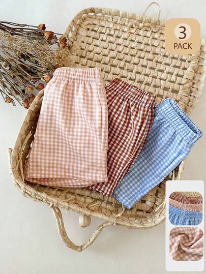 SHEIN 3pcs Baby Boys' Casual Plaid Elastic Waist Shorts, Comfortable Daily Wear & Outdoor Play, Versatile For Summer