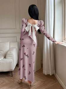 Feyla 女士印花方领泡泡袖修身中长连衣裙，优雅 - 粉色 - 查看 2