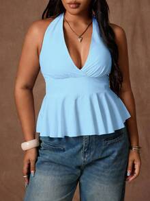 Rustia Camiseta sin mangas casual con cuello halter y volantes en el bajo para mujer de talla grande de unicolor - Celeste - Ver 3
