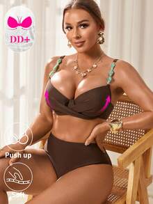 Swim DD+ Women's Sexy Underwire Push-Up DD+ Cup Bikini Set, Made Of Shiny Nylon Fabric With Resin Green Gemstone Strap, Suitable For Spring/Summer - Brown - View 4