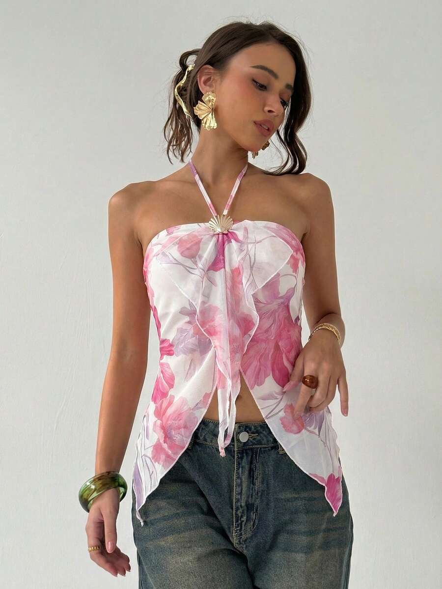 Aloruh 女士休闲印花露背上衣 - 粉色 - 查看 1