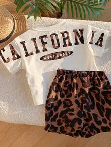 SHEIN 2pcs/Set Unisex Baby Leopard Print Black Short Sleeve T-Shirt Knit Top And Leopard Print Shorts Set, Spring/Summer Baby Boy Clothes, Outfits, Baby Boy Short Sleeve Top - Black - View 8