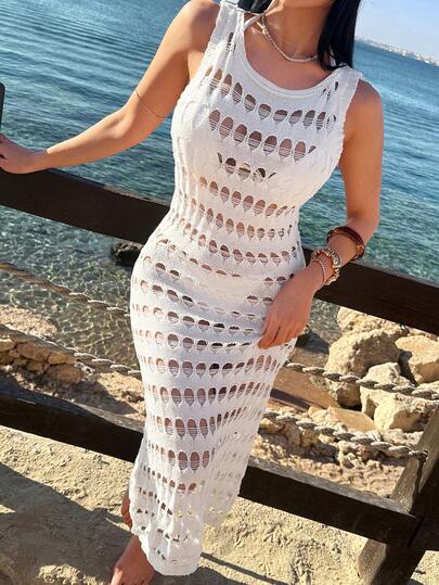 EURMUSE Vacation Beach Solid Color Hollow Out Knit Sleeveless Cover Up