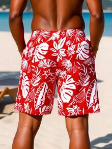 Manfinity RSRT Quần short nam in họa tiết toàn thân, túi xéo, cạp chun, kiểu dáng thường ngày, thích hợp đi biển, đi nghỉ mát, quần bơi nam đồng bộ, đồ bơi nam, quần áo đi biển cho nam, quần short bơi nam, quần bơi nam kiểu Hawaii, quần short Hawaii cho nam, quần short nam màu đỏ, quần bơi nam đi nghỉ mát. - Đỏ - Xem 2