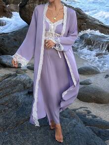 DAZY Women's Romantic Contrast Color Lace Patchwork Sleepwear Set - Robe & Slip Dress Pajamas - Purple - View 3